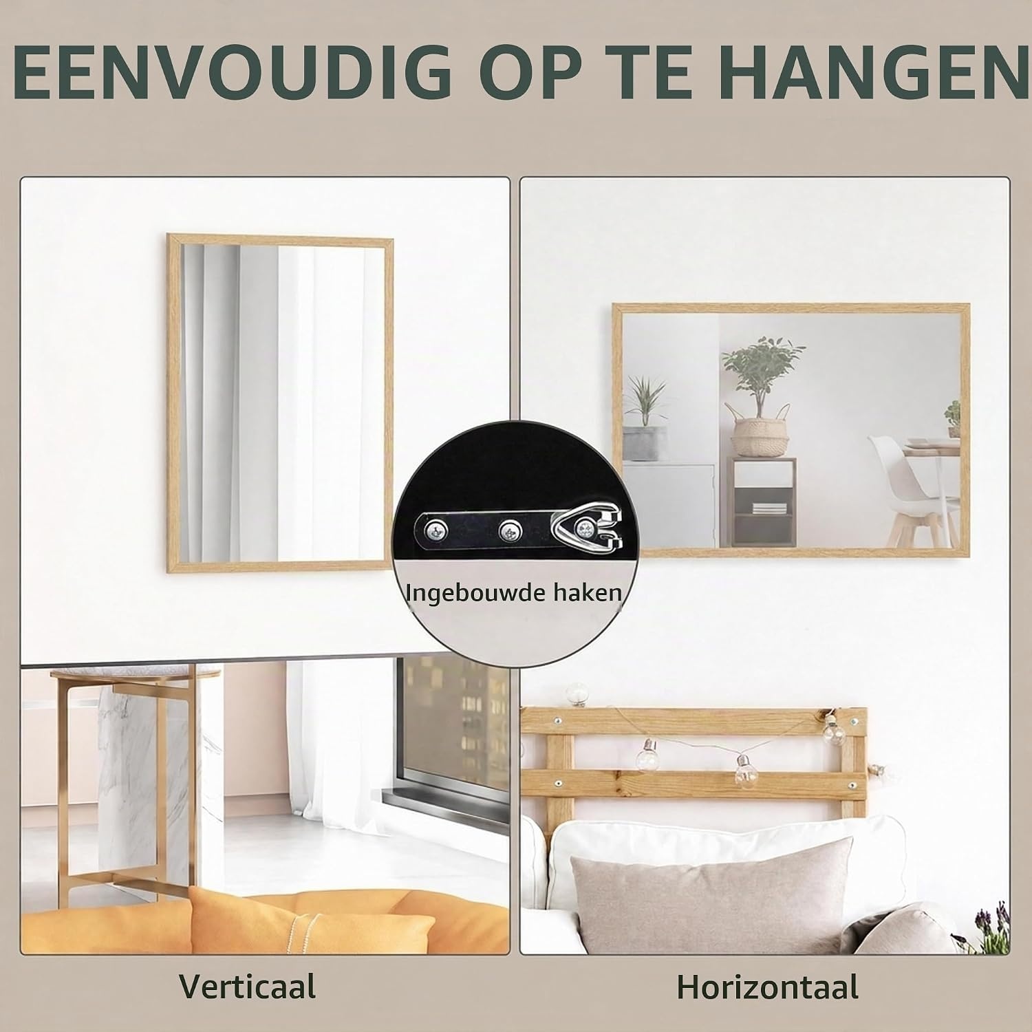 HOMCOM Wandspiegel Decoratieve hangspiegel 50x70cm natuurhout