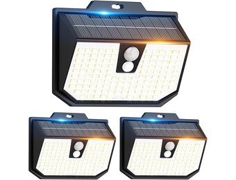 Zonnelamp voor buiten, 3 modi, zonnelamp voor buiten, bewegingsmelder, buitenverlichting, led, zonne-energie, IP65, waterdicht, voor muur, tuin, garage, carport, patio en [3 stuks], koud wit, 6000 K