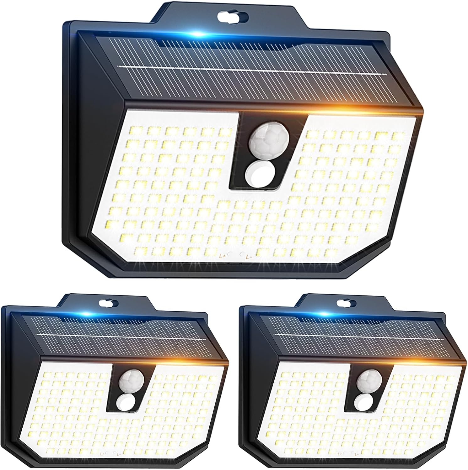 Zonnelamp voor buiten, 3 modi, zonnelamp voor buiten, bewegingsmelder, buitenverlichting, led, zonne-energie, IP65, waterdicht, voor muur, tuin, garage, carport, patio en [3 stuks], koud wit, 6000 K