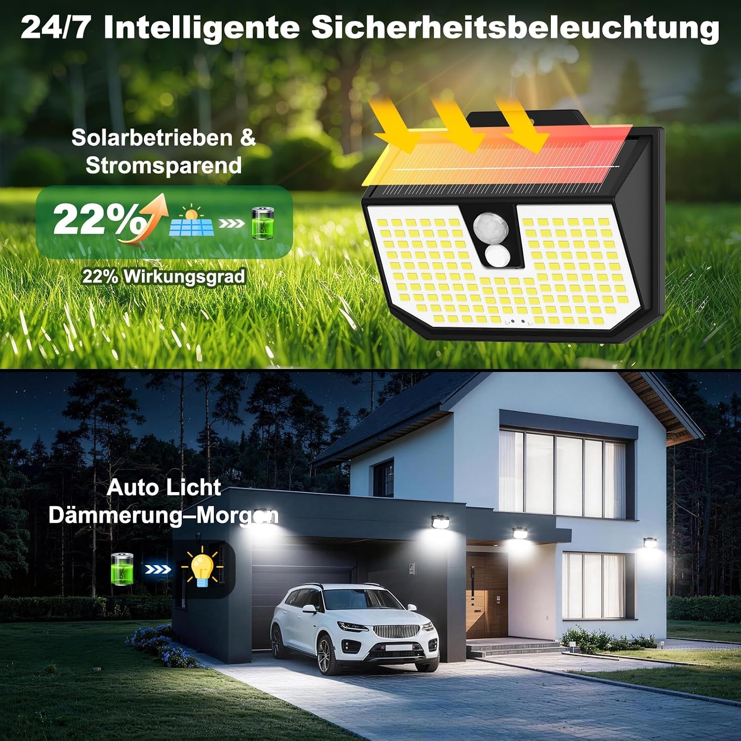 Zonnelamp voor buiten, 3 modi, zonnelamp voor buiten, bewegingsmelder, buitenverlichting, led, zonne-energie, IP65, waterdicht, voor muur, tuin, garage, carport, patio en [3 stuks], koud wit, 6000 K