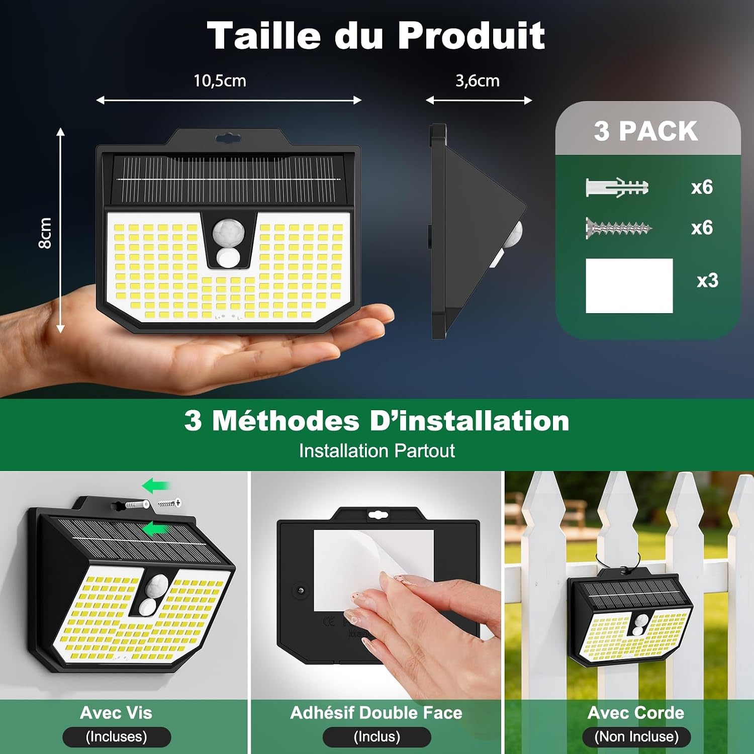 Zonnelamp voor buiten, 3 modi, zonnelamp voor buiten, bewegingsmelder, buitenverlichting, led, zonne-energie, IP65, waterdicht, voor muur, tuin, garage, carport, patio en [3 stuks], koud wit, 6000 K