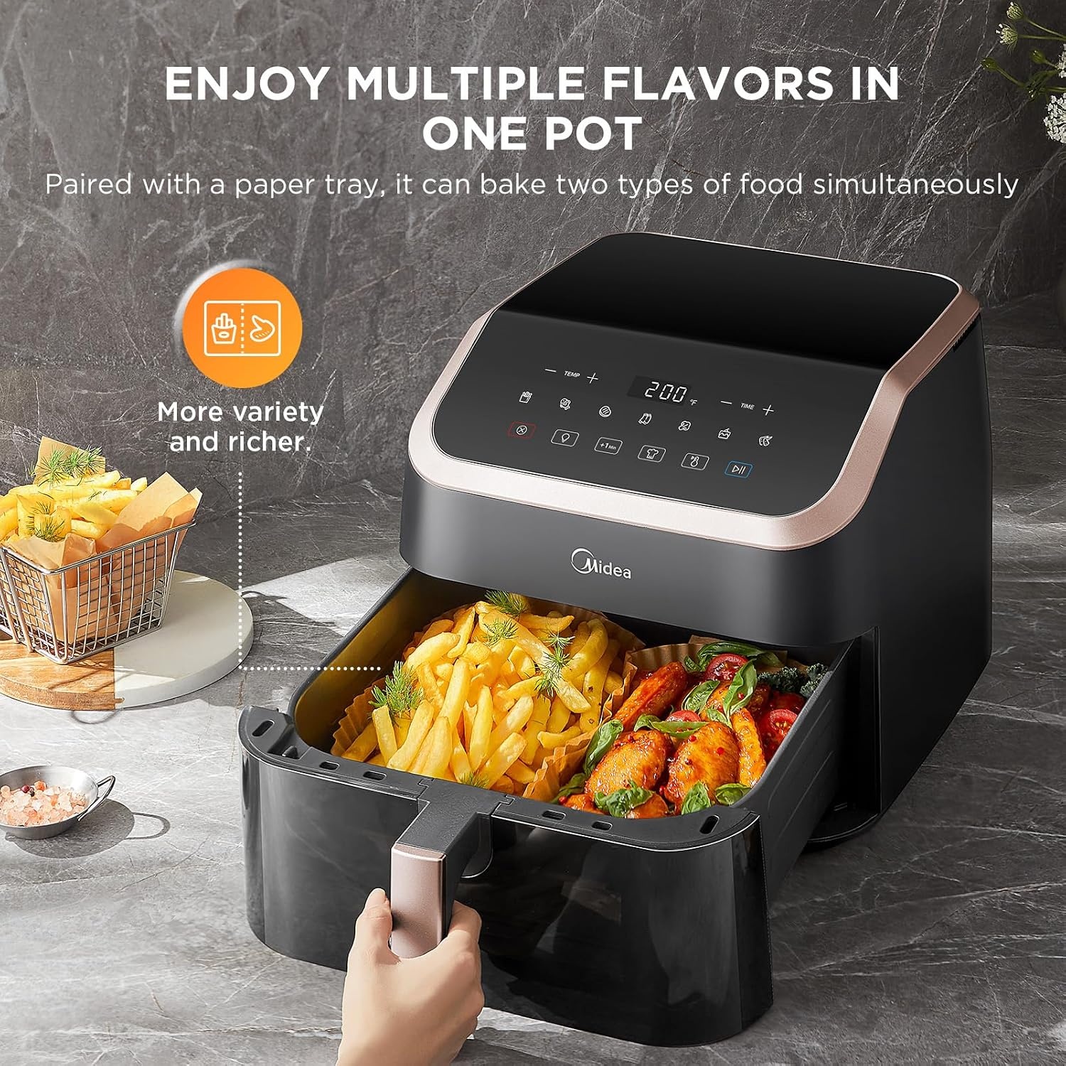 Midea Heteluchtfriteuse, 8 in 1, frituren, braden, bakken, opwarmen, dehydreren - Maat 8.5 L