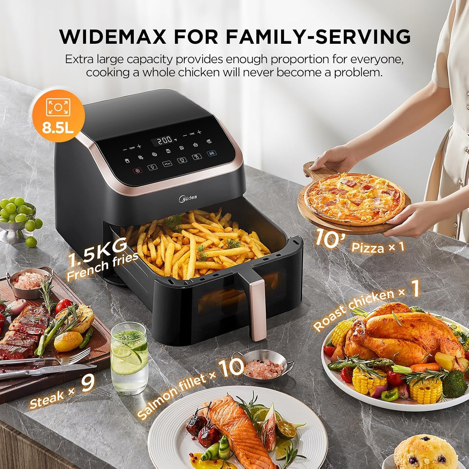 Midea Heteluchtfriteuse, 8 in 1, frituren, braden, bakken, opwarmen, dehydreren - Maat 8.5 L