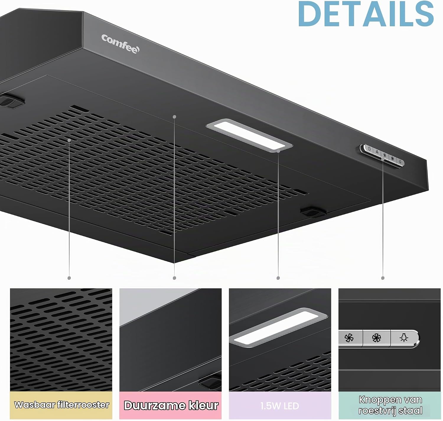 COMFEE' Afzuigkap 60 cm - Onderbouw afzuigkap - 3 snelheden - Zwart