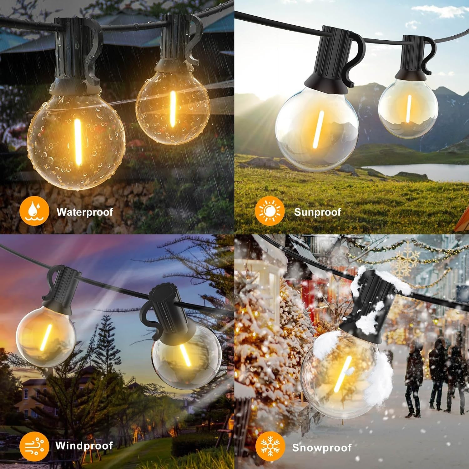 GLUROO LED Buiten Lichtslingers, 45 Meters Lichtketting Gloeilamp Buiten met 75+2 Plastic lampen,Waterdicht Lichtketting Tuin Verlichting Voor Kerst Bruiloft,feest,Warm Wit - Maat 45m