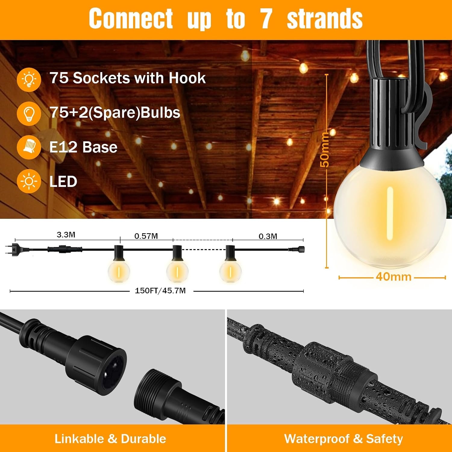 GLUROO LED Buiten Lichtslingers, 45 Meters Lichtketting Gloeilamp Buiten met 75+2 Plastic lampen,Waterdicht Lichtketting Tuin Verlichting Voor Kerst Bruiloft,feest,Warm Wit - Maat 45m