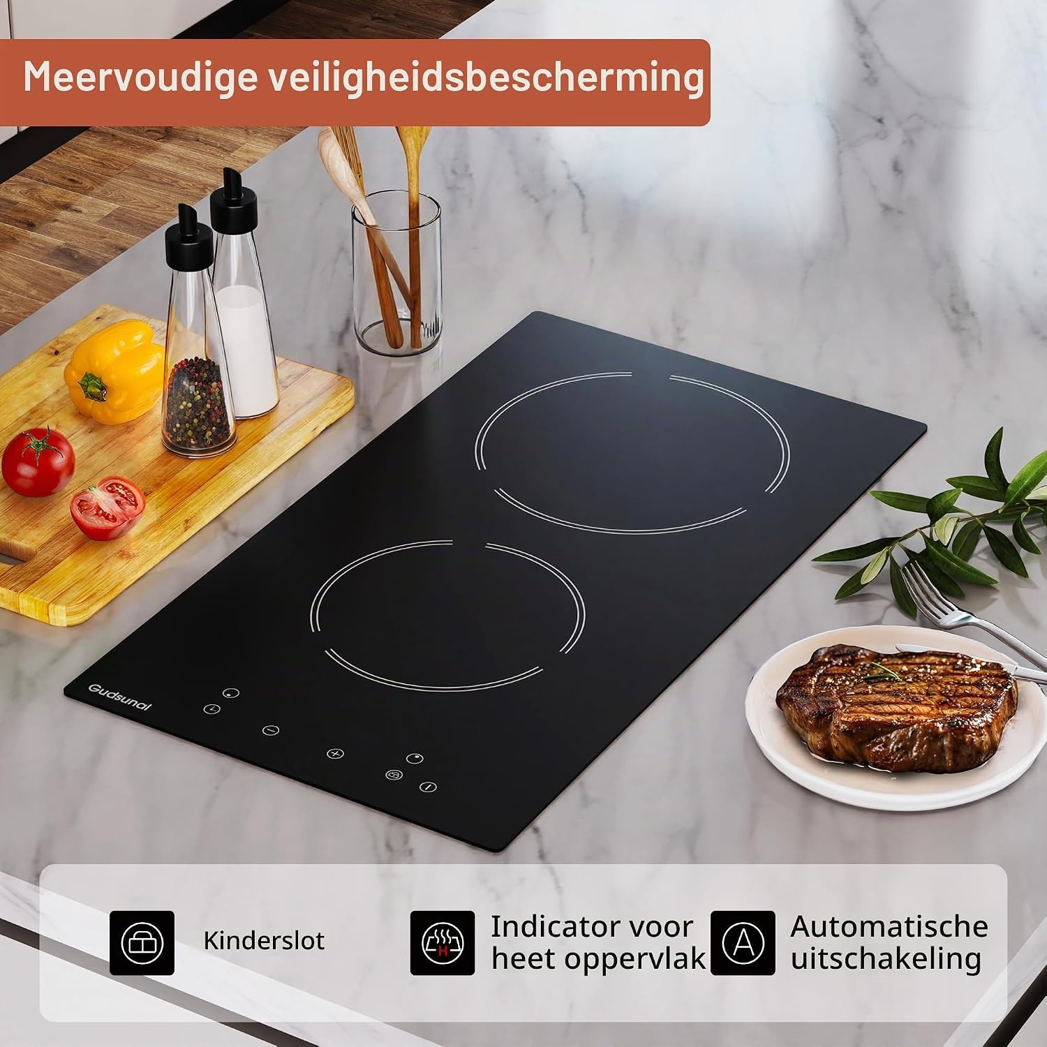 Gudsunal Elektrische Keramische Kookplaat 2 Zones - 29 x 52 cm - Rood