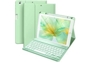 Toetsenbordhoes voor iPad 10,2 inch (9e/8e/7e gen) | Afneembaar QWERTZ toetsenbord met penhouder, 7 kleuren verlichting, oplaadbaar, Groen
