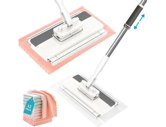 Microvezelmop met drukklemsysteem, automatische klemdoek met 12 herbruikbare microvezeldoeken, demonteerbare mop voor praktische reiniging, clip voor doeken zonder handwas