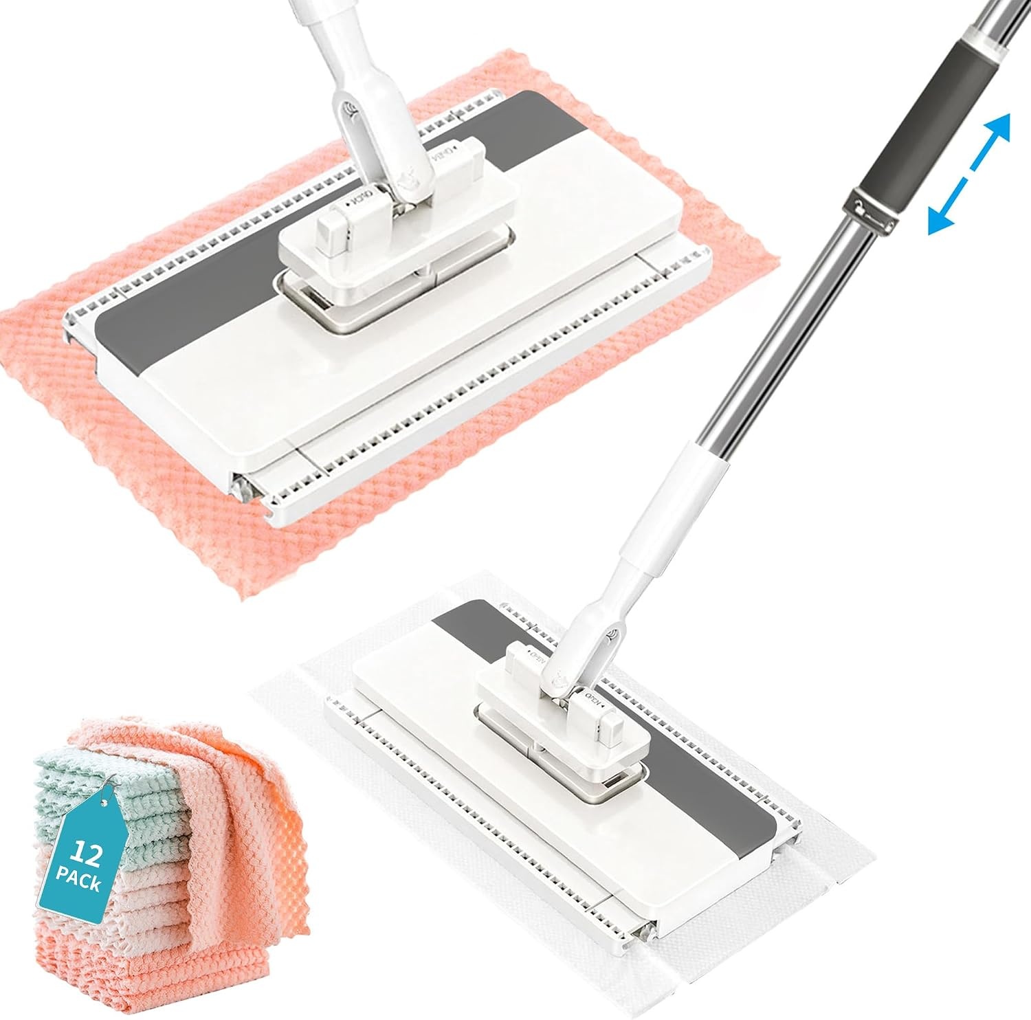 Microvezelmop met drukklemsysteem, automatische klemdoek met 12 herbruikbare microvezeldoeken, demonteerbare mop voor praktische reiniging, clip voor doeken zonder handwas