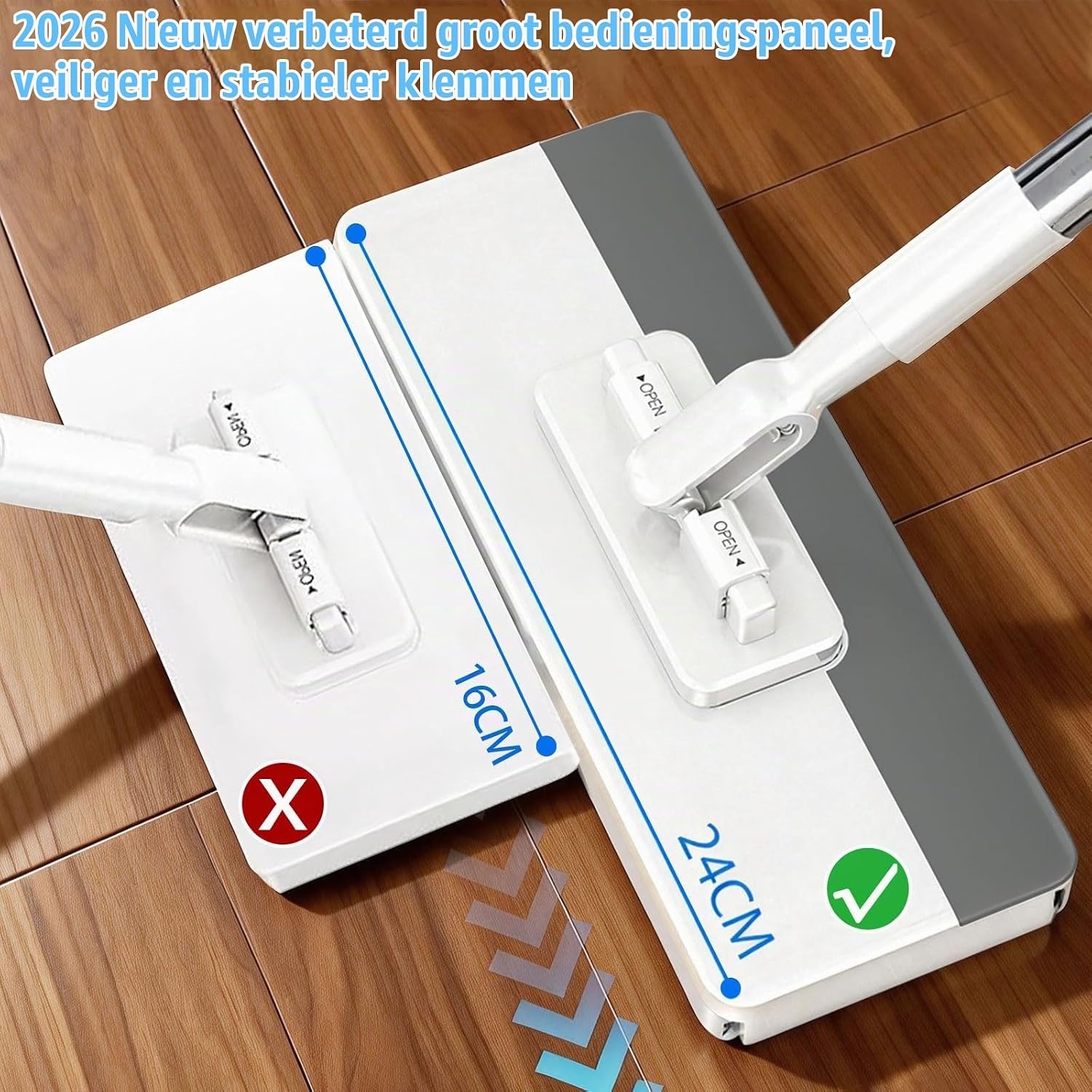 Microvezelmop met drukklemsysteem, automatische klemdoek met 12 herbruikbare microvezeldoeken, demonteerbare mop voor praktische reiniging, clip voor doeken zonder handwas