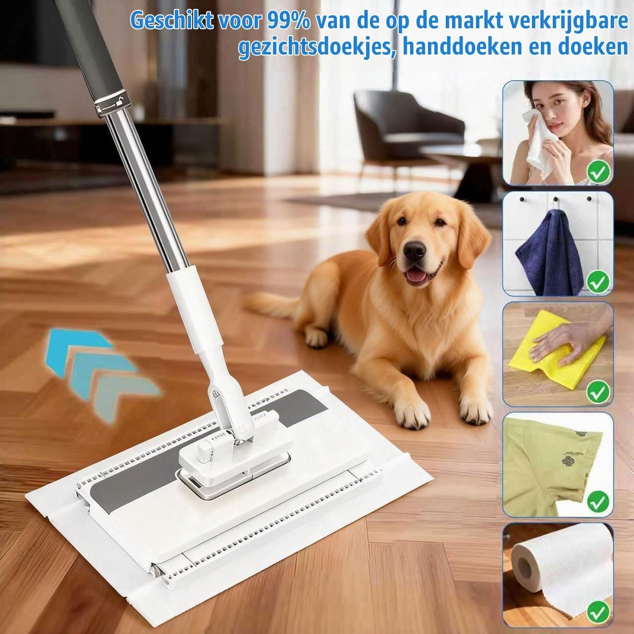 Microvezelmop met drukklemsysteem, automatische klemdoek met 12 herbruikbare microvezeldoeken, demonteerbare mop voor praktische reiniging, clip voor doeken zonder handwas