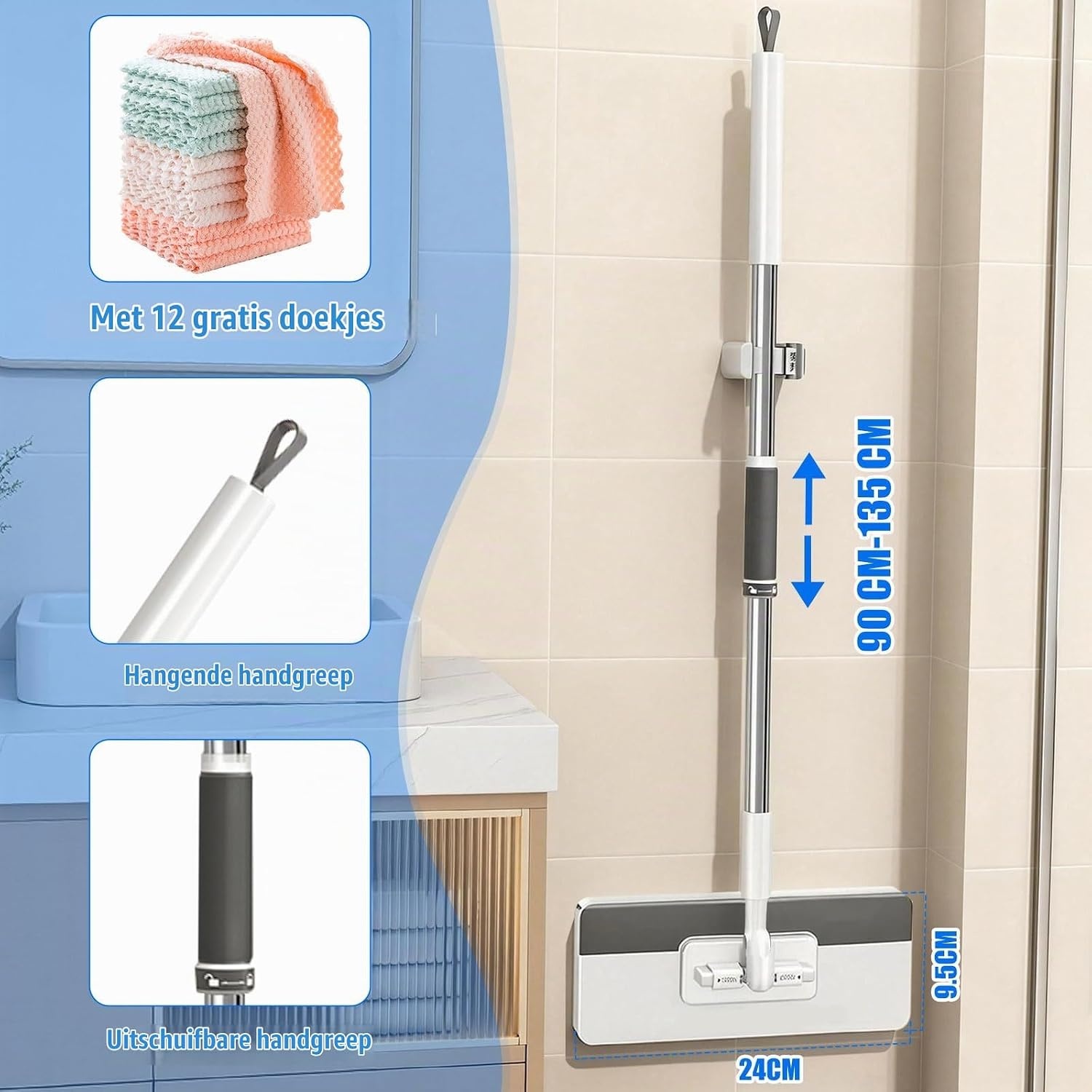 Microvezelmop met drukklemsysteem, automatische klemdoek met 12 herbruikbare microvezeldoeken, demonteerbare mop voor praktische reiniging, clip voor doeken zonder handwas