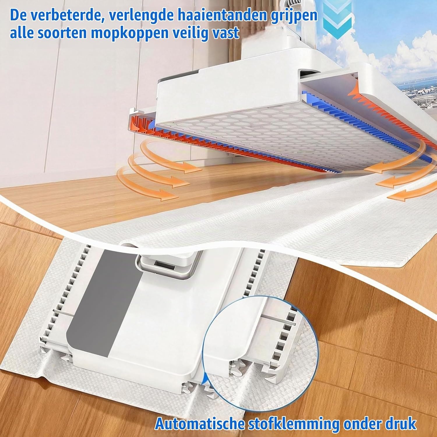 Microvezelmop met drukklemsysteem, automatische klemdoek met 12 herbruikbare microvezeldoeken, demonteerbare mop voor praktische reiniging, clip voor doeken zonder handwas