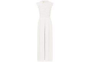 Jumpsuit met kanten top, wijde broekspijpen, chiffon laag, plooien en vormgevende naden in de taille Crème maat 36