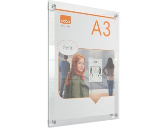 Nobo A3 Acryl Verplaatsbaar Posterframe Voor Aan De Muur, Frameloos, Staande en Liggende Positie, Met Zuignap Montage, Premium Plus, Transparant, 1915599