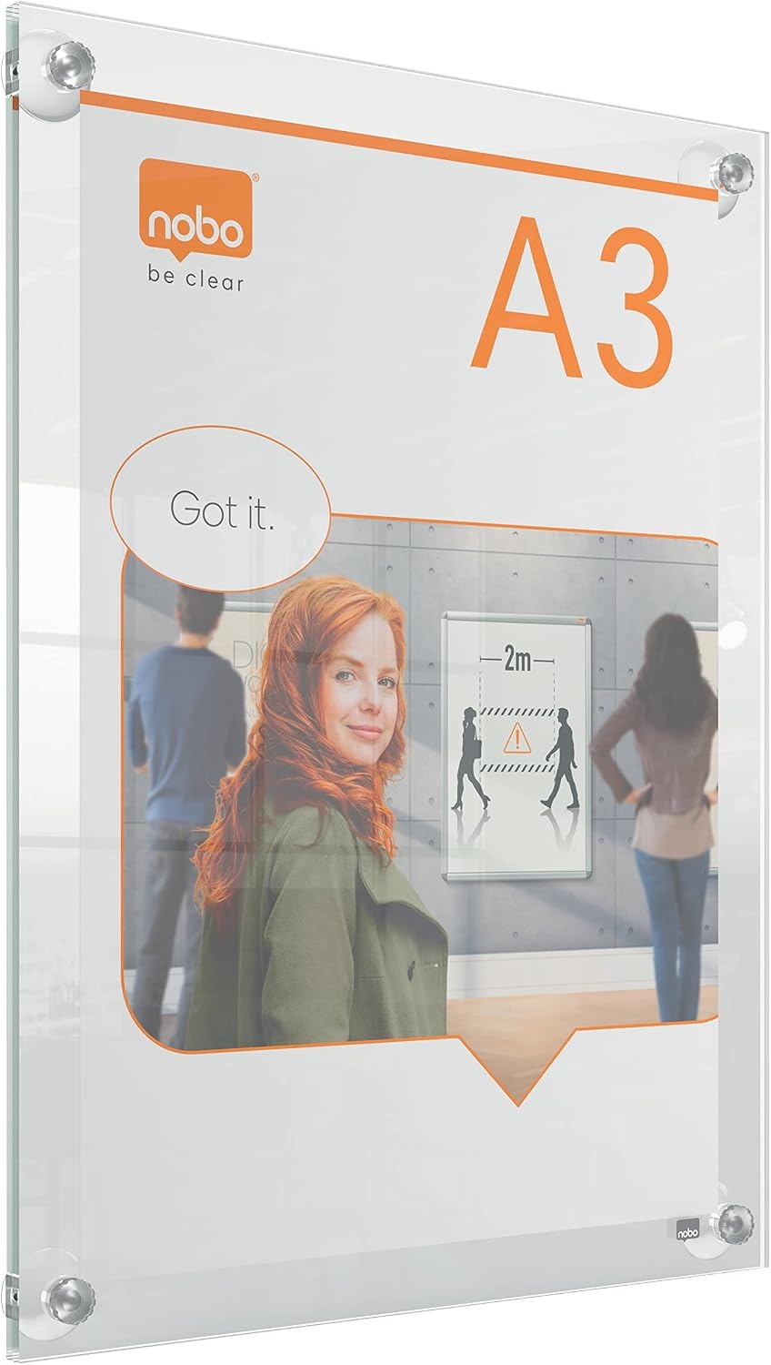 Nobo A3 Acryl Verplaatsbaar Posterframe Voor Aan De Muur, Frameloos, Staande en Liggende Positie, Met Zuignap Montage, Premium Plus, Transparant, 1915599