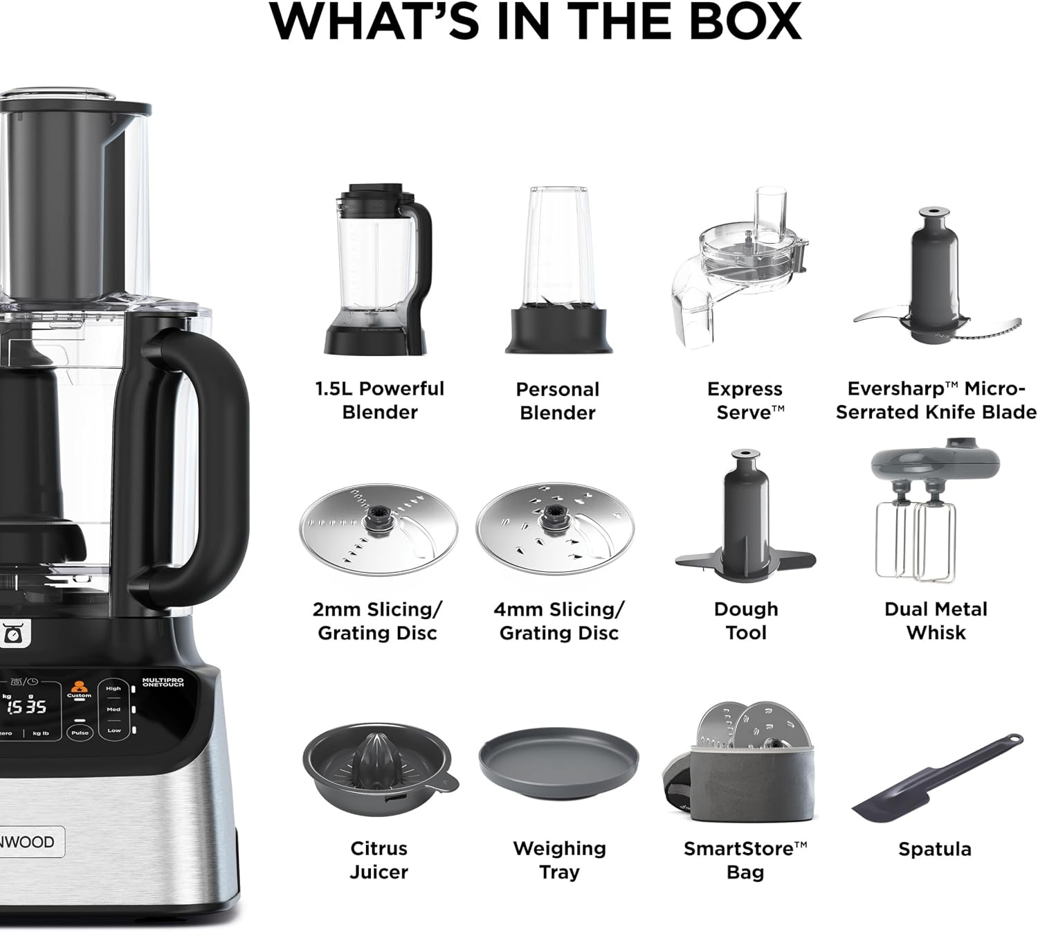 Kenwood MultiPro OneTouch FDM73.850SS Multifunctionele keukenmachine met 13 accessoires, geïntegreerde weegschaal, vaatwasmachinebestendig, 1000 W, zilver