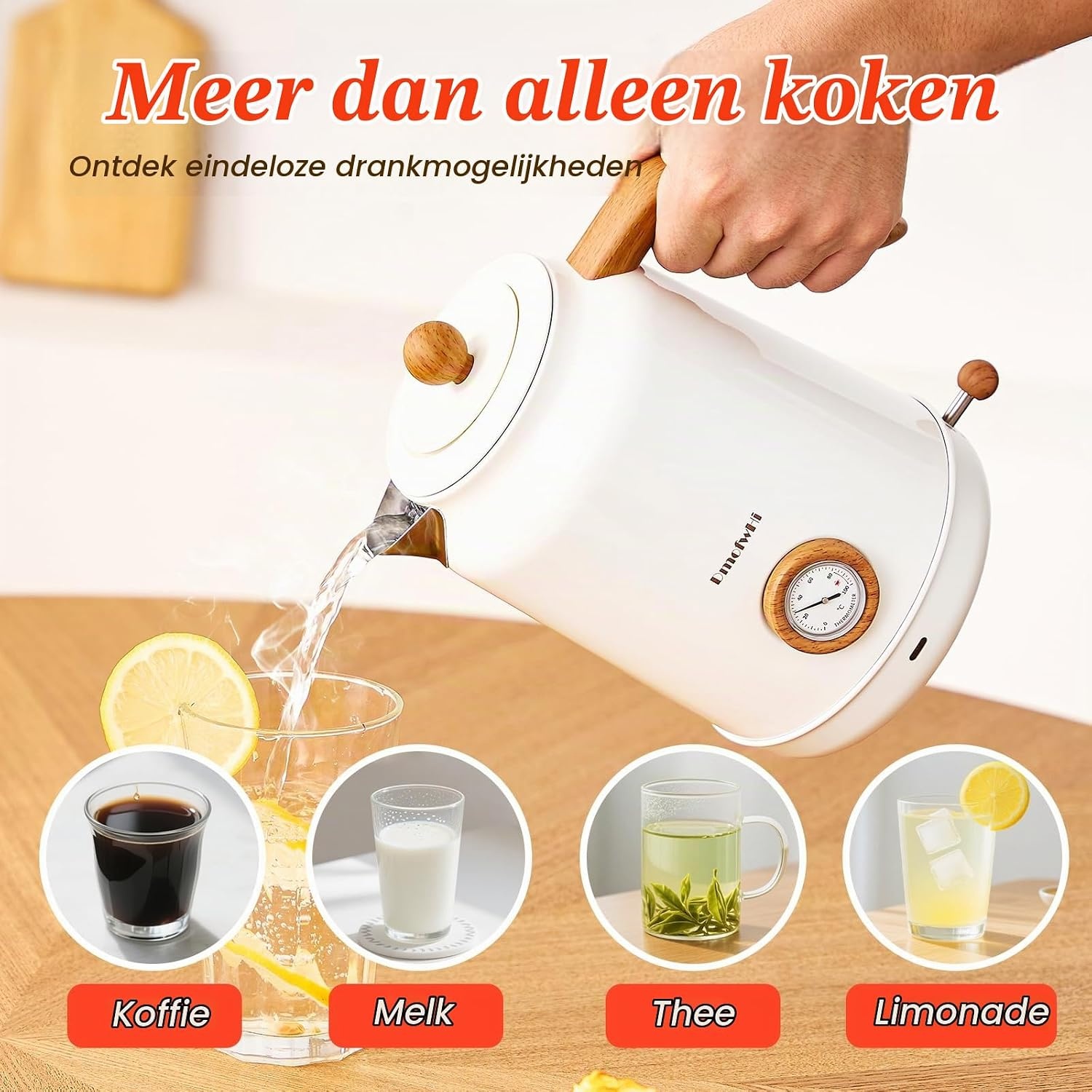 DmofwHi Retro Waterkoker 1.7 L met Temperatuurmeter - Wit