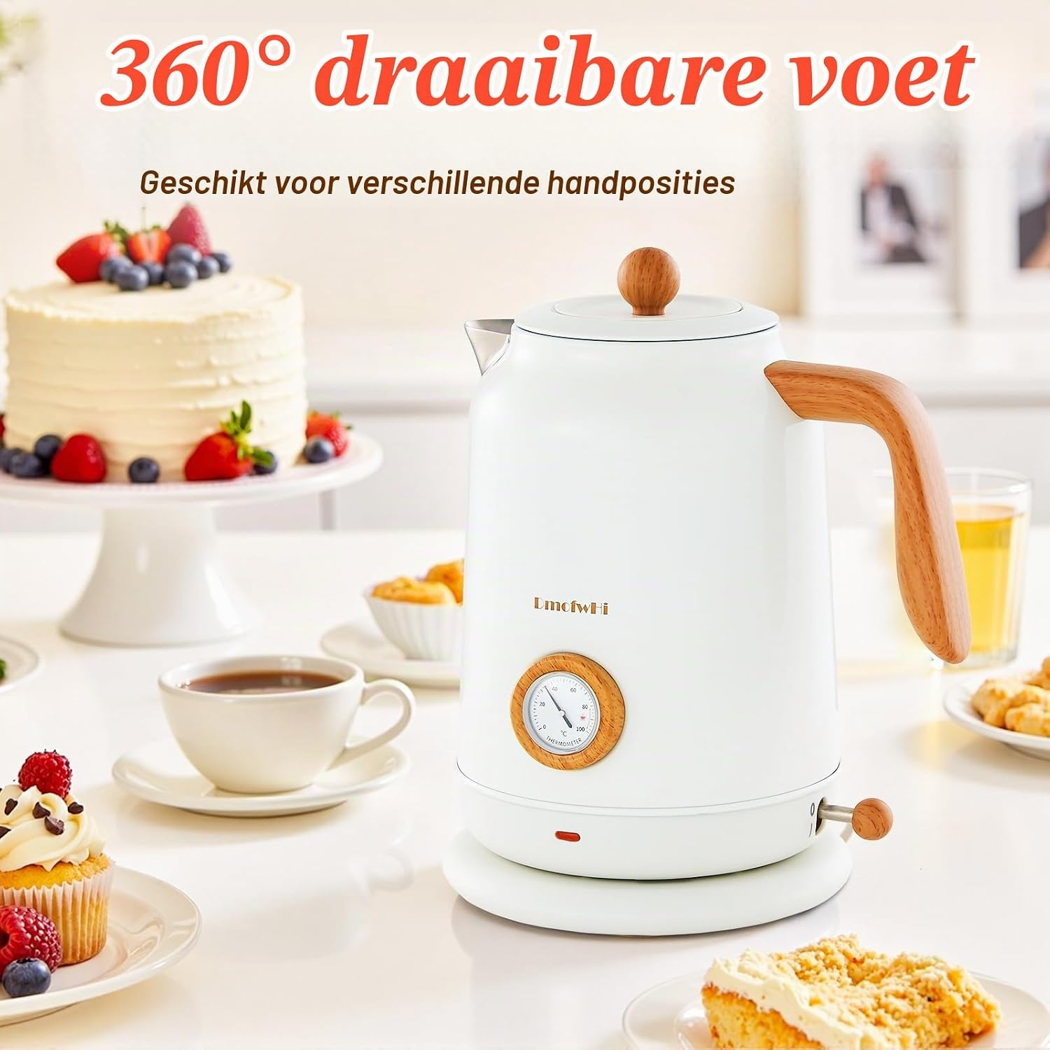 DmofwHi Retro Waterkoker 1.7 L met Temperatuurmeter - Wit