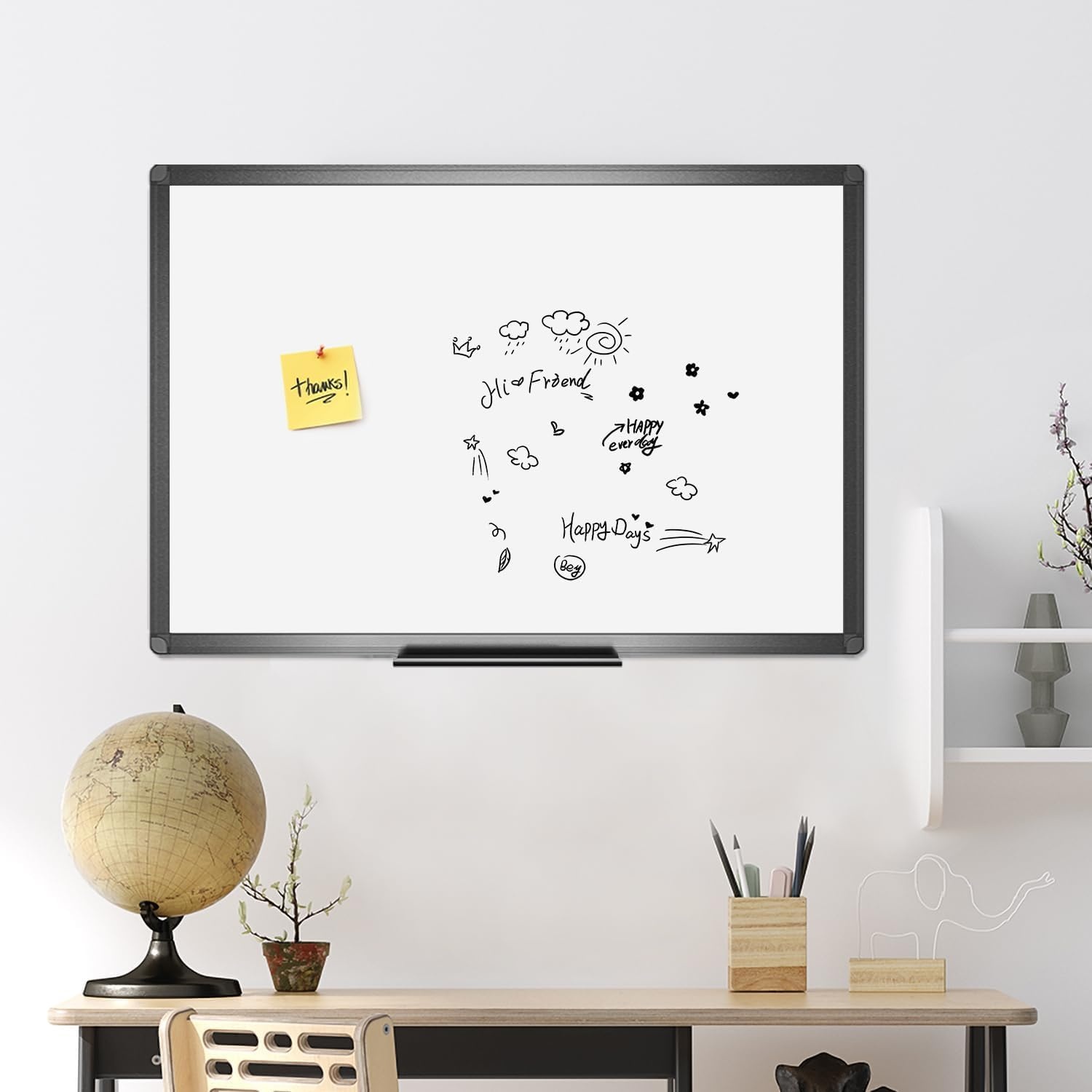 VIZ-PRO Magnetisch whiteboard, droog afwisbaar, 90 x 60 cm, A1, droog afwisbaar whiteboard met zwart aluminium frame en penhouder