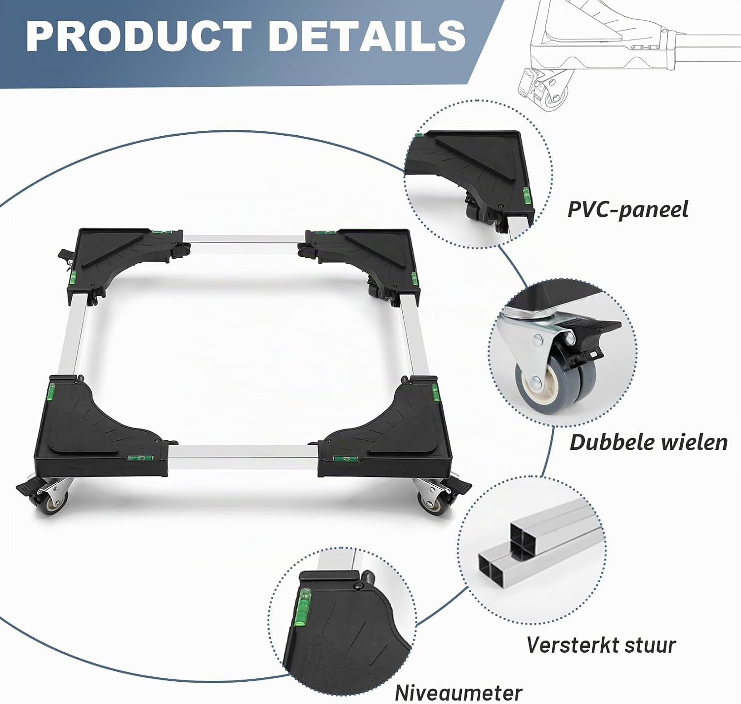 Waswagen met 4 vergrendelbare zwenkwielen, sokkel voor wasmachine, trillingsbescherming, verstelbaar van 40-60 cm, maximale capaciteit 200 kg, wasmachine, droger, koelkast, zwart