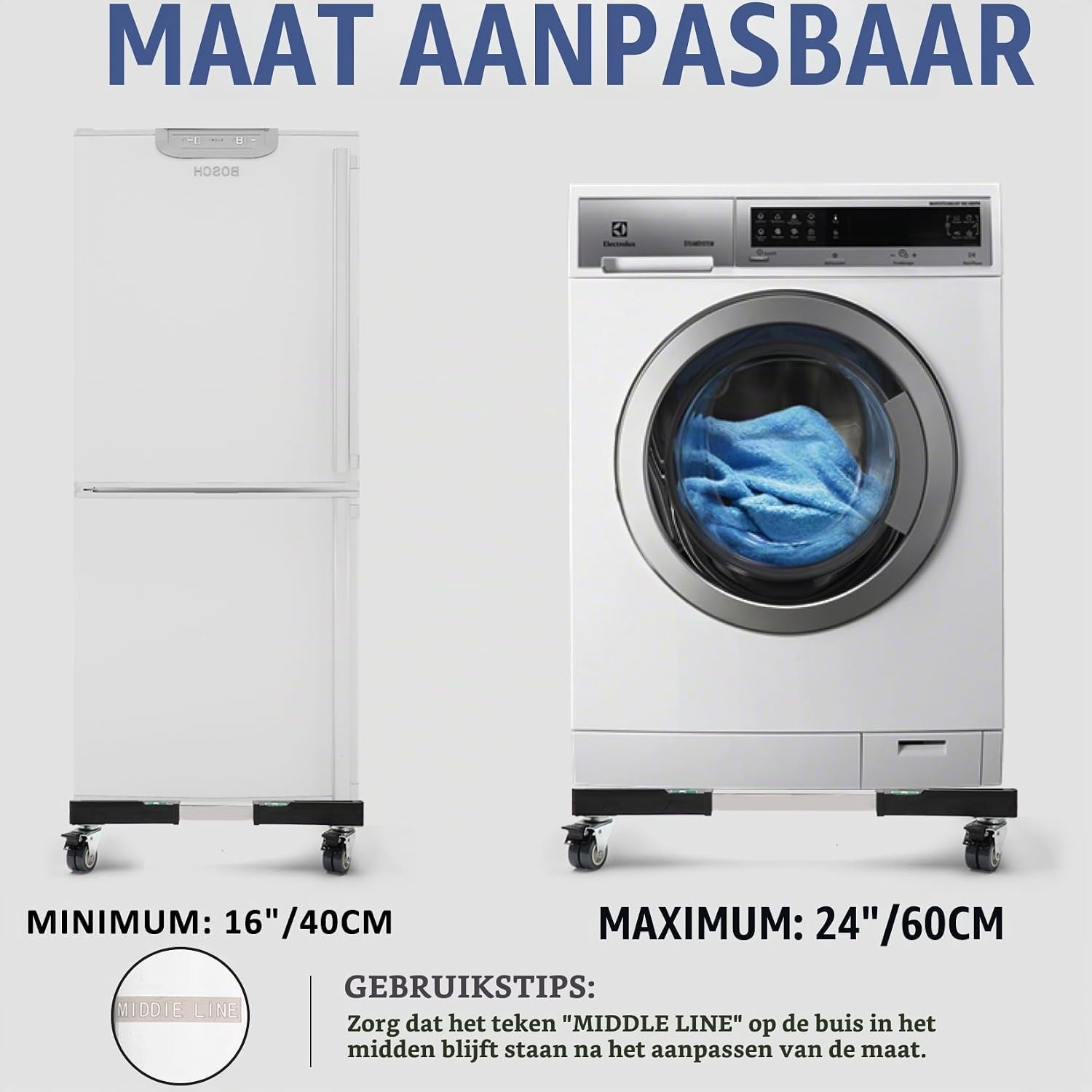 Waswagen met 4 vergrendelbare zwenkwielen, sokkel voor wasmachine, trillingsbescherming, verstelbaar van 40-60 cm, maximale capaciteit 200 kg, wasmachine, droger, koelkast, zwart