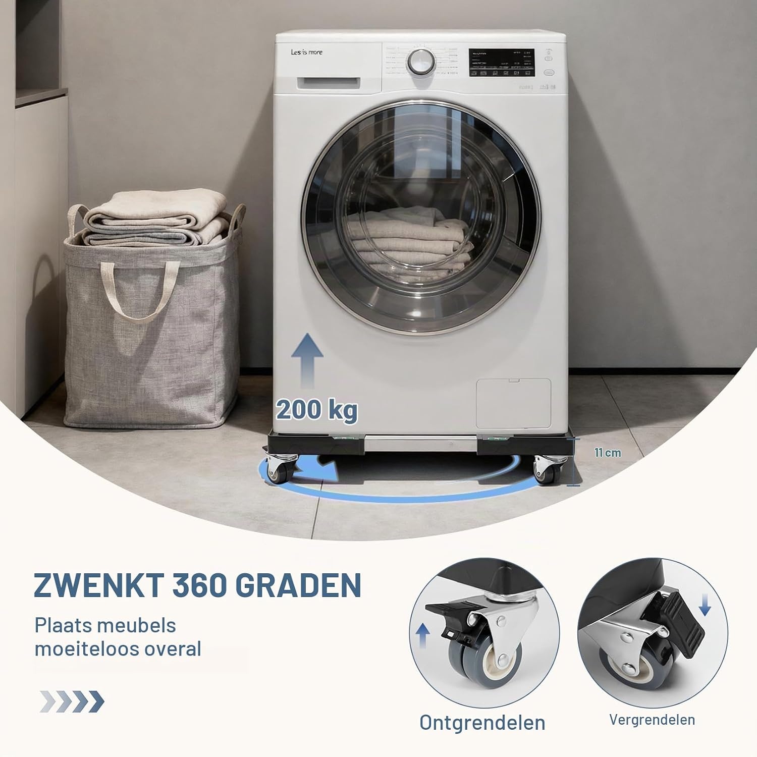 Waswagen met 4 vergrendelbare zwenkwielen, sokkel voor wasmachine, trillingsbescherming, verstelbaar van 40-60 cm, maximale capaciteit 200 kg, wasmachine, droger, koelkast, zwart
