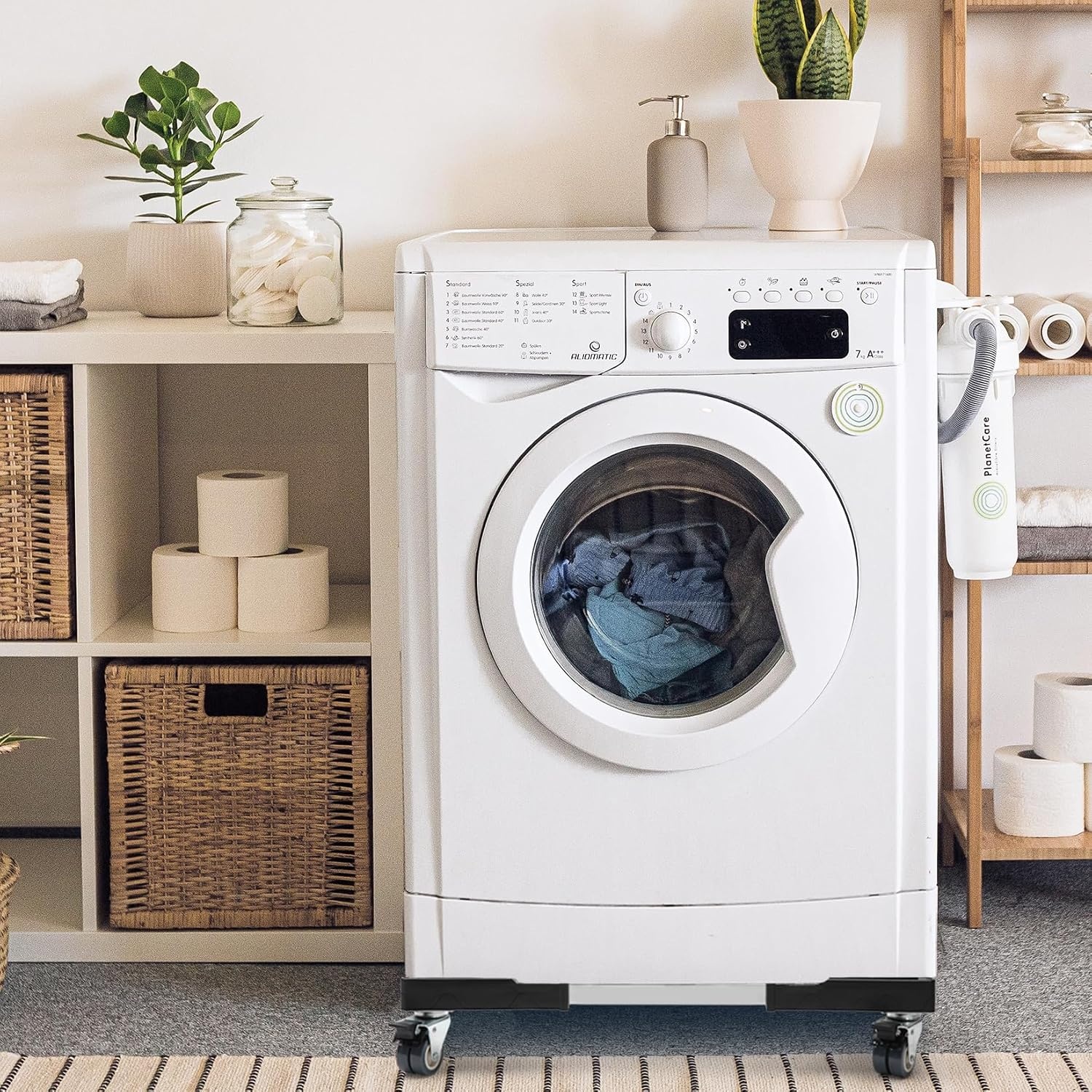 Waswagen met 4 vergrendelbare zwenkwielen, sokkel voor wasmachine, trillingsbescherming, verstelbaar van 40-60 cm, maximale capaciteit 200 kg, wasmachine, droger, koelkast, zwart