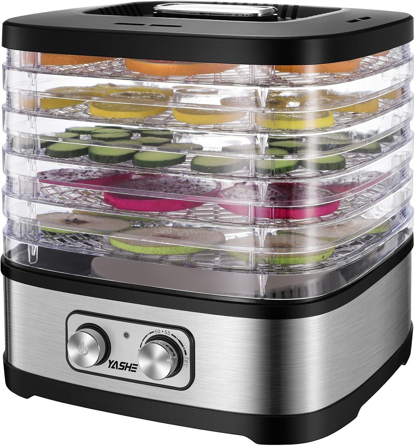 YASHE GGJ-261A Voedseldroger met 5 in hoogte verstelbare tablets, temperatuurregeling van 35-70 °C, 240 watt droogapparaat voor groenten en fruit, BPA-vrij