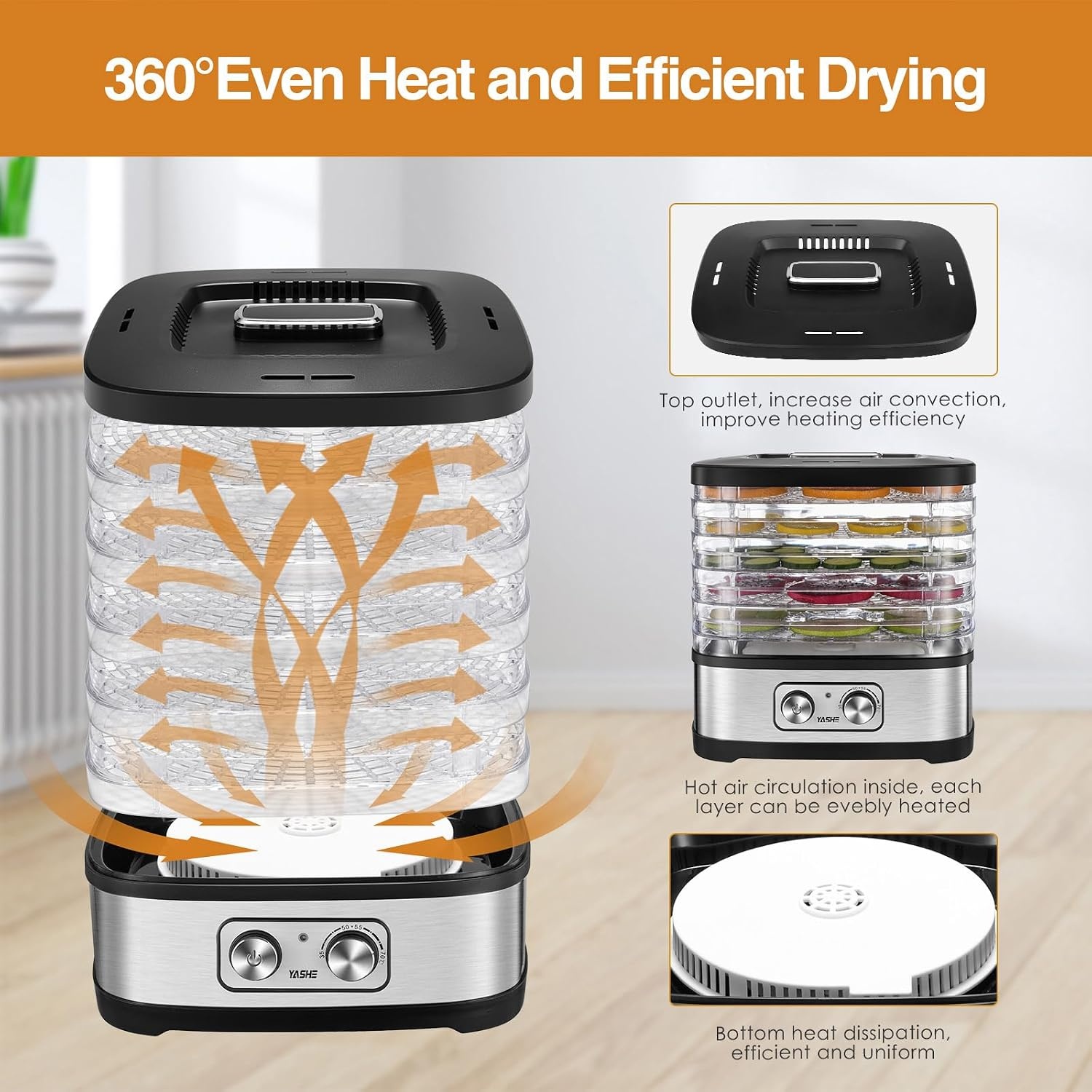 YASHE GGJ-261A Voedseldroger met 5 in hoogte verstelbare tablets, temperatuurregeling van 35-70 °C, 240 watt droogapparaat voor groenten en fruit, BPA-vrij