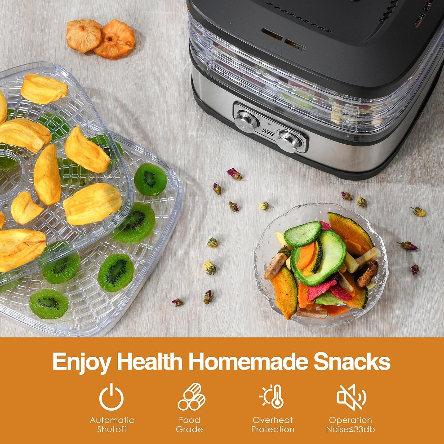 YASHE GGJ-261A Voedseldroger met 5 in hoogte verstelbare tablets, temperatuurregeling van 35-70 °C, 240 watt droogapparaat voor groenten en fruit, BPA-vrij