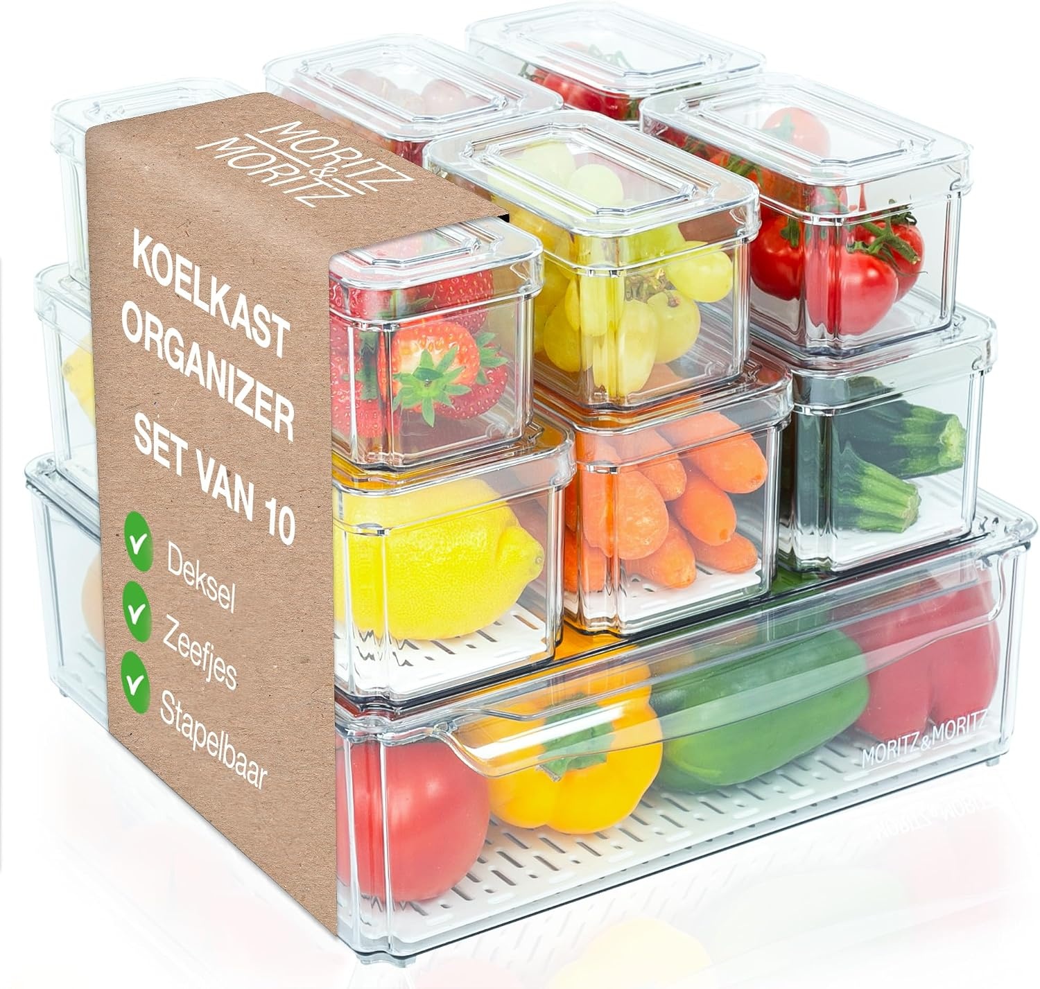 Moritz & Moritz Set van 10 koelkastorganizers met deksel, stapelbare koelkastdozen, transparant, robuust, opbergdozen voor keuken, voorraadkast, lade