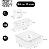 Moritz & Moritz Set van 10 koelkastorganizers met deksel, stapelbare koelkastdozen, transparant, robuust, opbergdozen voor keuken, voorraadkast, lade