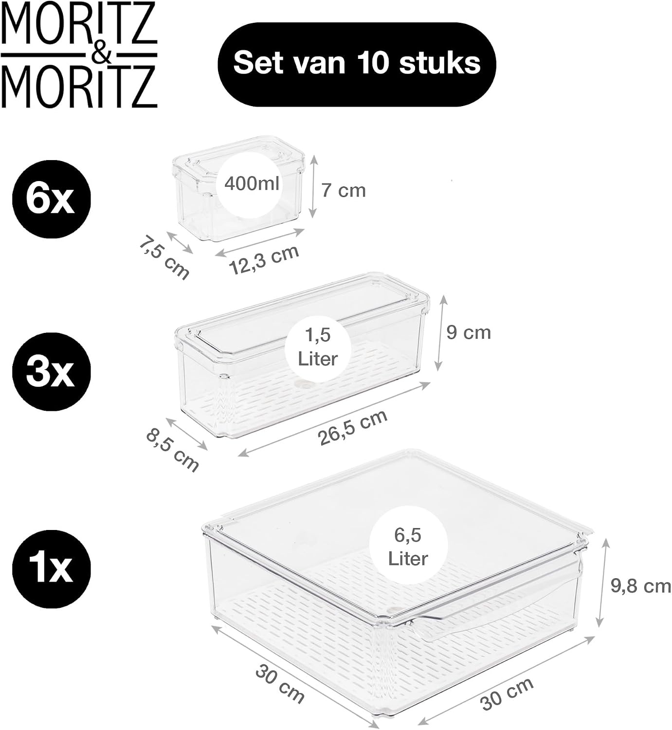 Moritz & Moritz Set van 10 koelkastorganizers met deksel, stapelbare koelkastdozen, transparant, robuust, opbergdozen voor keuken, voorraadkast, lade
