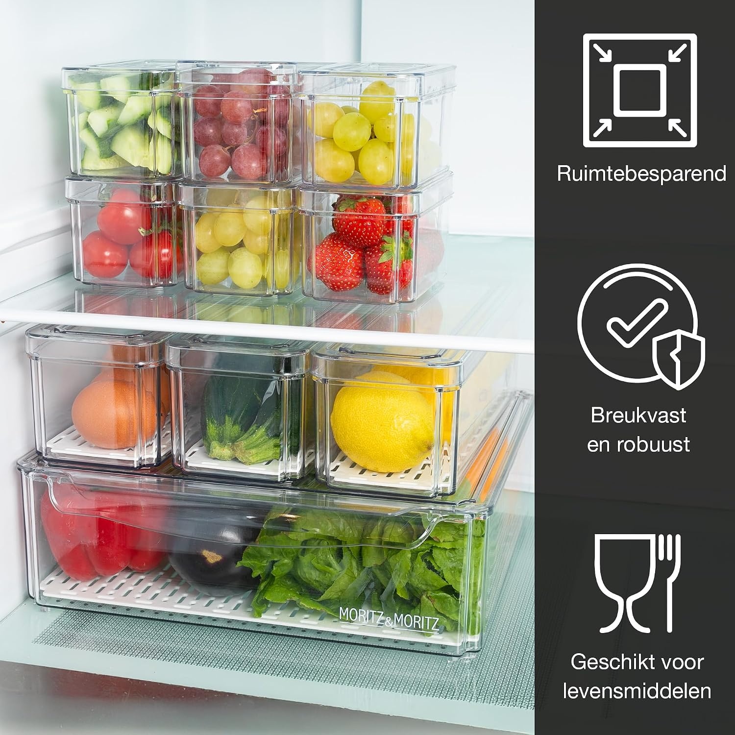 Moritz & Moritz Set van 10 koelkastorganizers met deksel, stapelbare koelkastdozen, transparant, robuust, opbergdozen voor keuken, voorraadkast, lade