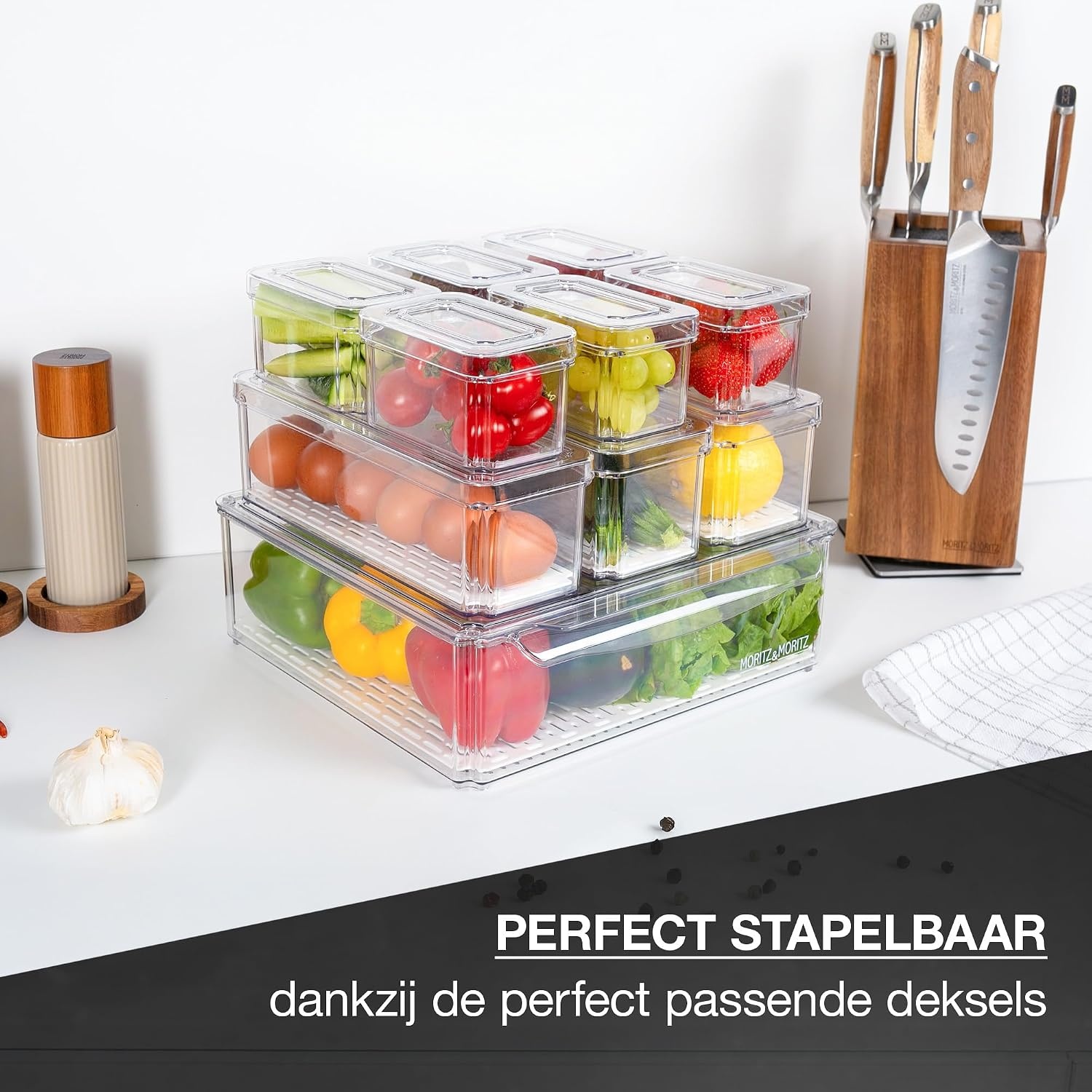 Moritz & Moritz Set van 10 koelkastorganizers met deksel, stapelbare koelkastdozen, transparant, robuust, opbergdozen voor keuken, voorraadkast, lade