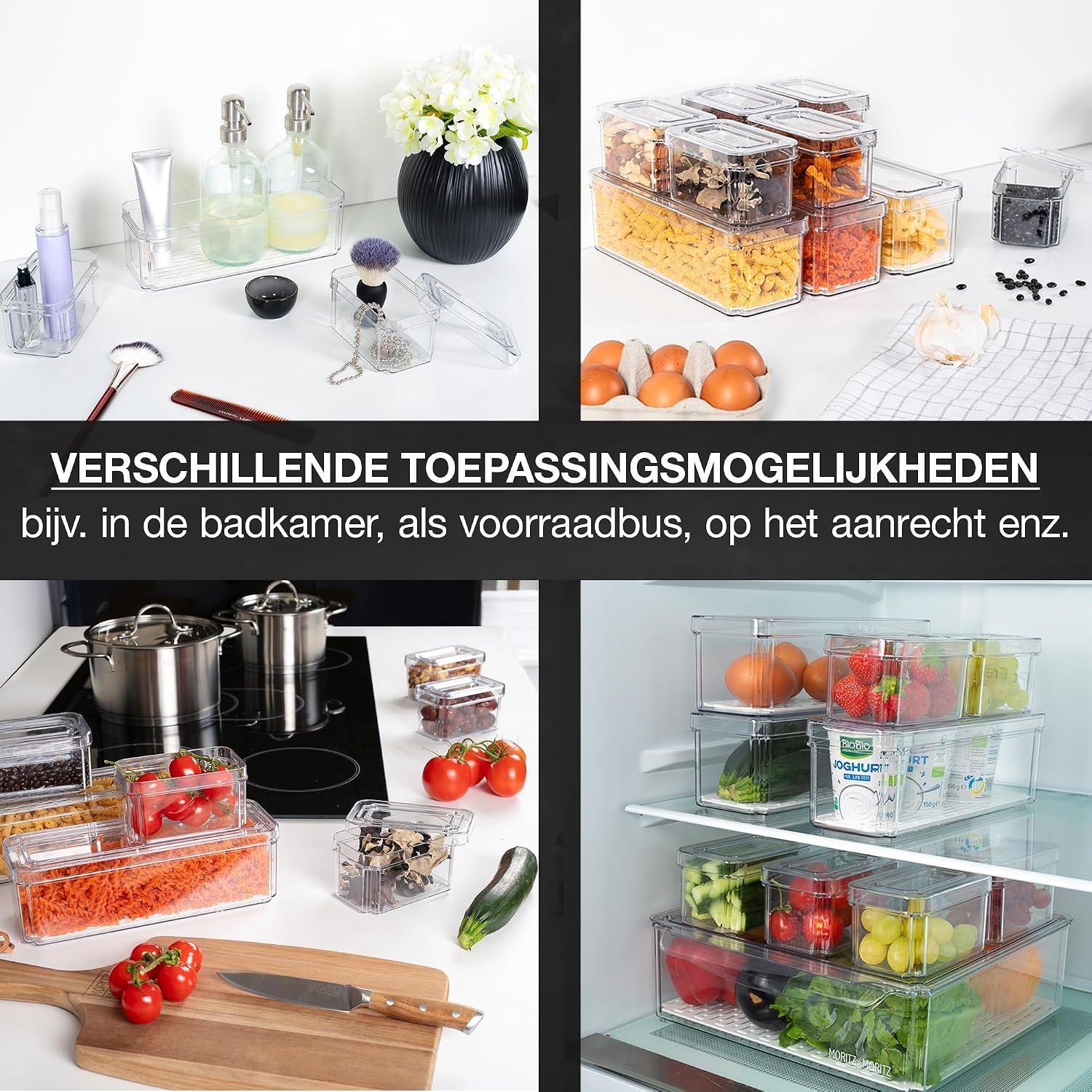 Moritz & Moritz Set van 10 koelkastorganizers met deksel, stapelbare koelkastdozen, transparant, robuust, opbergdozen voor keuken, voorraadkast, lade