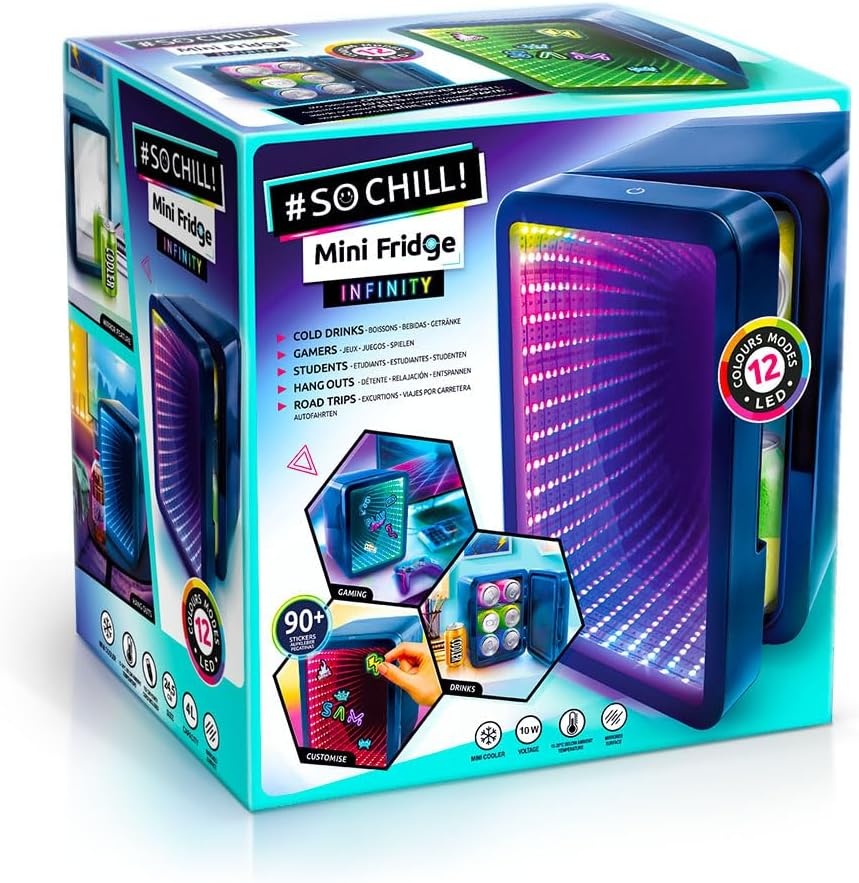 So Chill Mini Koelkast Infinity Effect, Gamers, Studenten, Home/Autoritten/Hangouts + meer, USB-voeding, Stickers inbegrepen, 4L/6 blikjes, spiegel Infinity Effect Deur