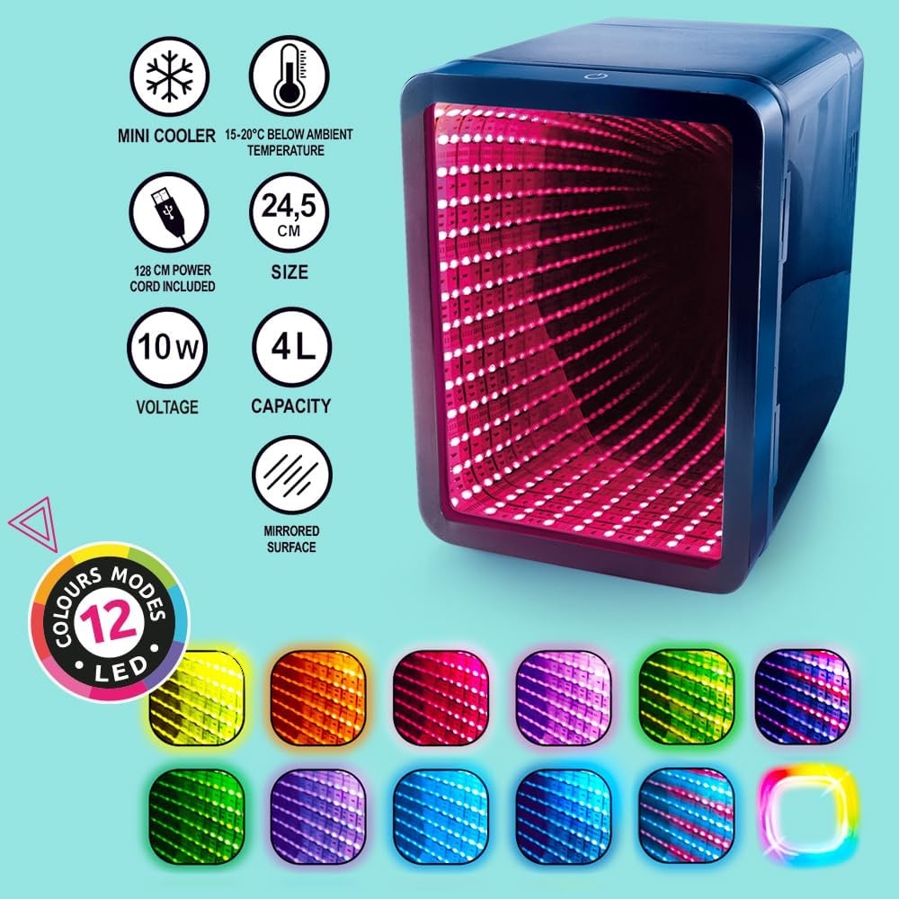 So Chill Mini Koelkast Infinity Effect, Gamers, Studenten, Home/Autoritten/Hangouts + meer, USB-voeding, Stickers inbegrepen, 4L/6 blikjes, spiegel Infinity Effect Deur