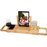 alpina Verstelbare Badplank - Badrek 50-92 x 18 x 4 cm - Bad Plank Bamboe met Boekensteun en Tablethouder - Incl. Bekerhouders - Badrekje voor Bad - Badkamer Accessoires