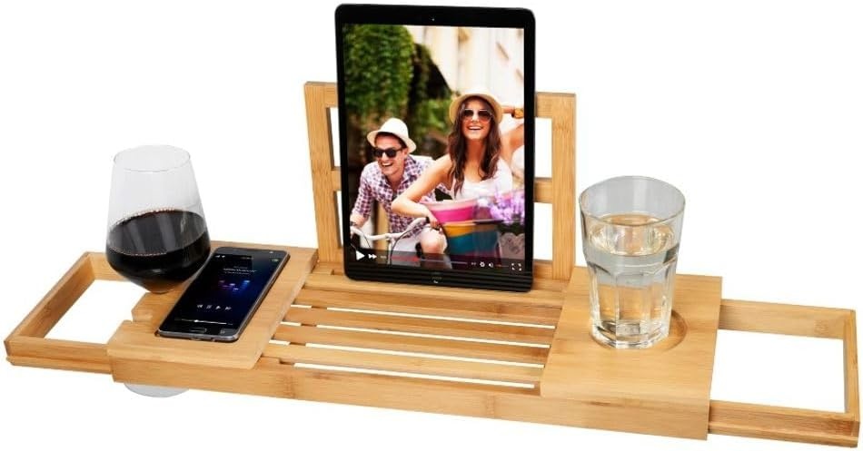 alpina Verstelbare Badplank - Badrek 50-92 x 18 x 4 cm - Bad Plank Bamboe met Boekensteun en Tablethouder - Incl. Bekerhouders - Badrekje voor Bad - Badkamer Accessoires