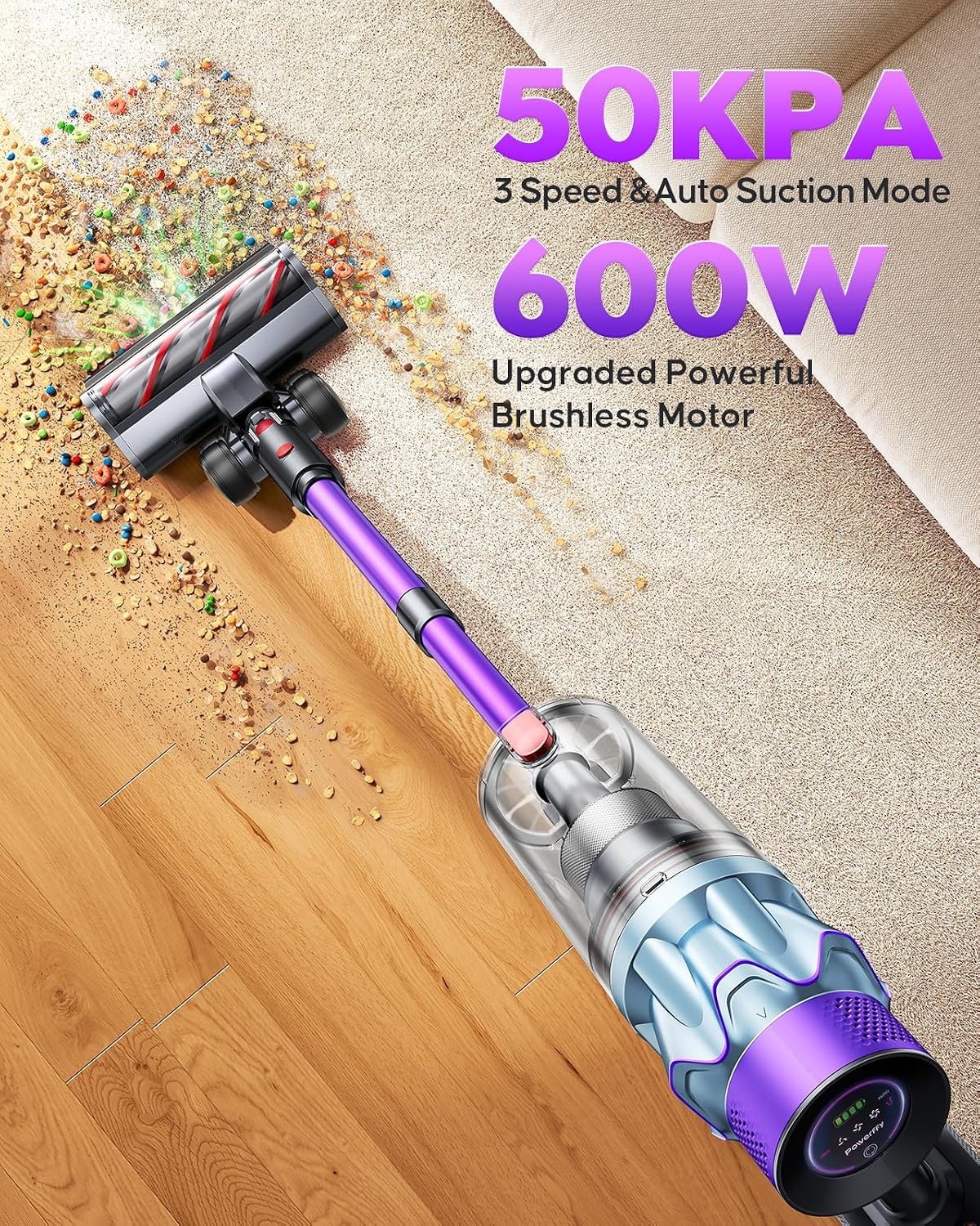 Accustofzuiger 600 W/50 kPa/65 min, draadloze stofzuiger met 1 m slang, aromatherapie, wandlaadstation, stofreservoir-schraper (1,5 l), automatische modus, voor dierenharen, tapijten, harde
