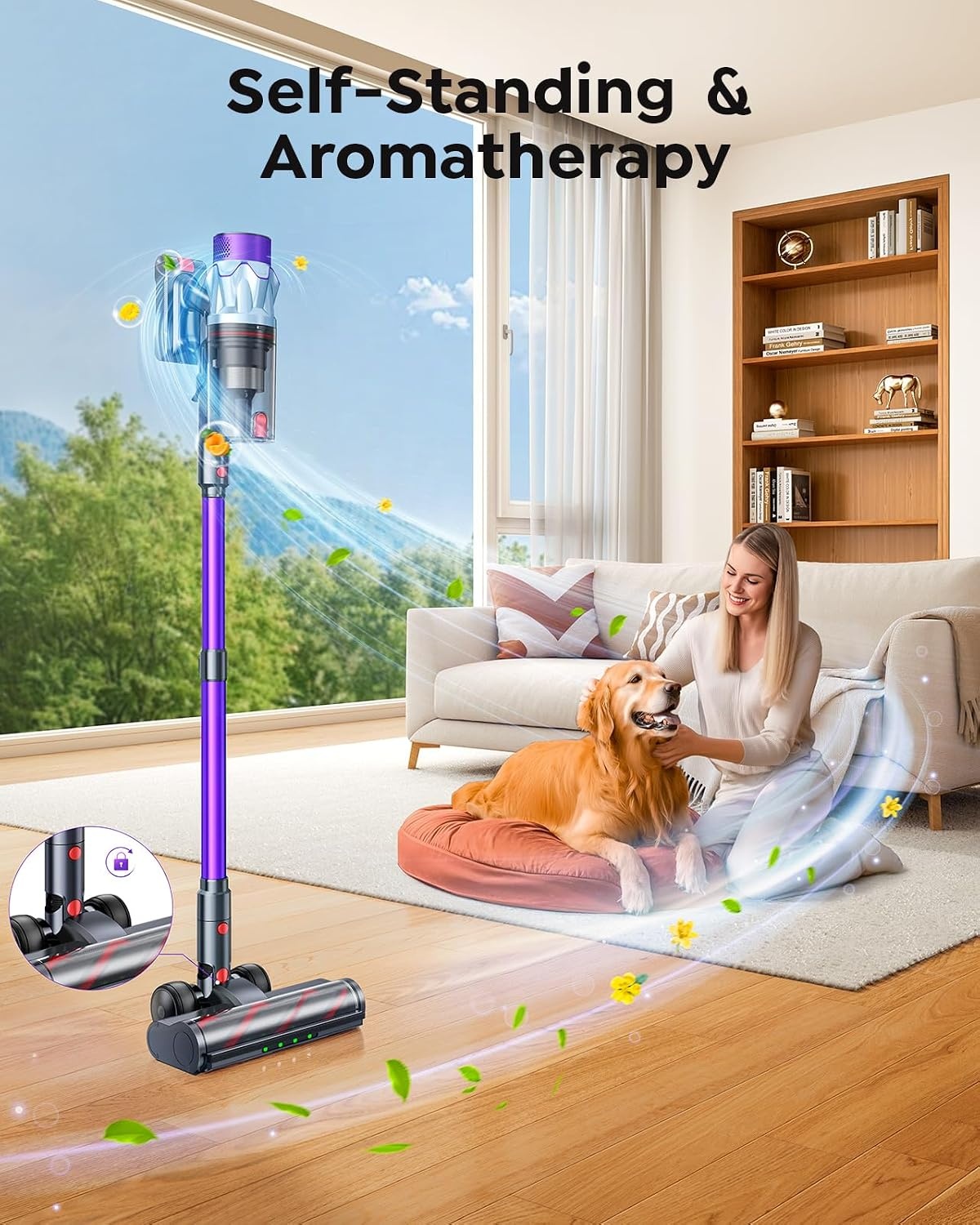 Accustofzuiger 600 W/50 kPa/65 min, draadloze stofzuiger met 1 m slang, aromatherapie, wandlaadstation, stofreservoir-schraper (1,5 l), automatische modus, voor dierenharen, tapijten, harde