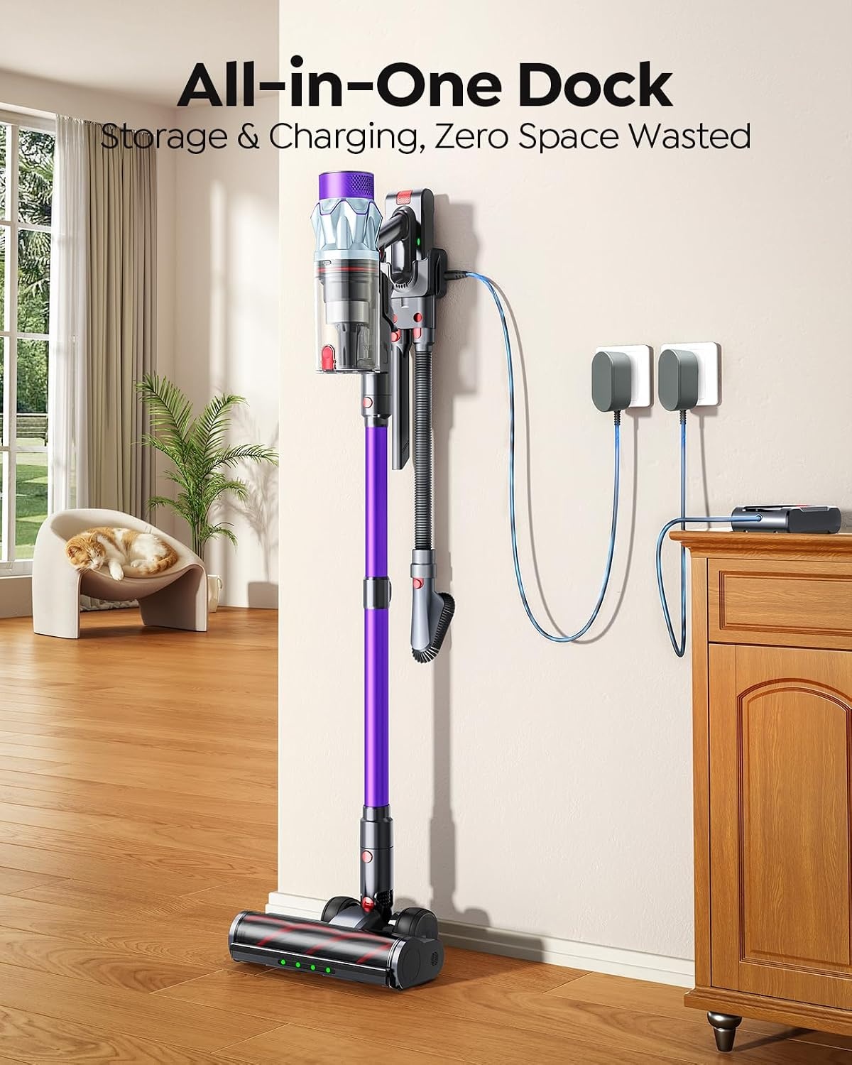 Accustofzuiger 600 W/50 kPa/65 min, draadloze stofzuiger met 1 m slang, aromatherapie, wandlaadstation, stofreservoir-schraper (1,5 l), automatische modus, voor dierenharen, tapijten, harde