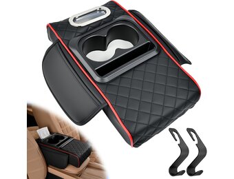 Autoarmleuningbox, universeel, armleuningbox voor voertuigen, PU-leer, armleuningen, box, armleuningen, kussen, 33 x 19 x 7 cm, armleuningbox, middenconsole, pad met haken en organizervakken
