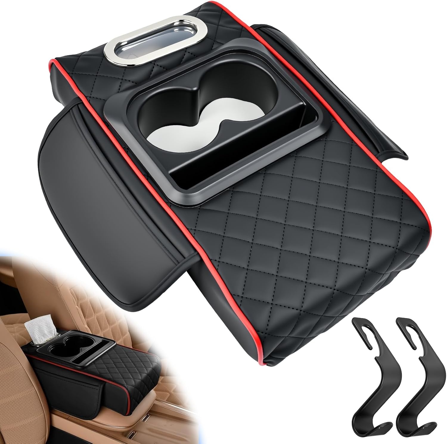 Autoarmleuningbox, universeel, armleuningbox voor voertuigen, PU-leer, armleuningen, box, armleuningen, kussen, 33 x 19 x 7 cm, armleuningbox, middenconsole, pad met haken en organizervakken