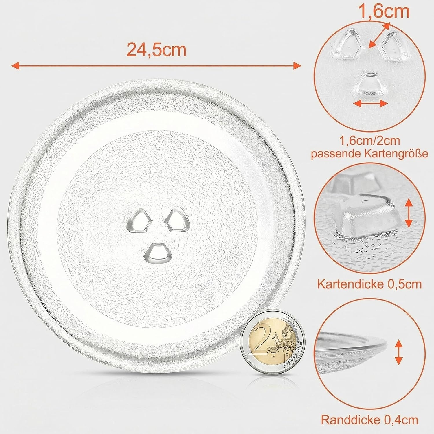 Magnetronbord, glas, 24,5 cm, magnetronbord, draaiplateau, glazen bord, magnetronaccessoires, reservedraaiplateau met 3 bevestigingen voor magnetron met ronde standaard