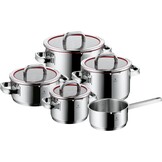WMF Function 4 pannenset 5-delig rood. Innovatieve deksel met 4 afgietfuncties, Geschikt voor Inductie, Glazen deksel, Cromargan® 18/10 RVS, Vaatwasserbestendig, Handgrepen worden niet heet.