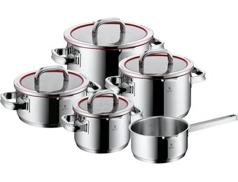 WMF Function 4 pannenset 5-delig rood. Innovatieve deksel met 4 afgietfuncties, Geschikt voor Inductie, Glazen deksel, Cromargan® 18/10 RVS, Vaatwasserbestendig, Handgrepen worden niet heet.